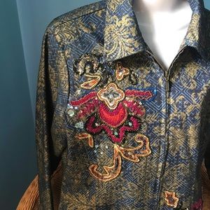 Chico’s Long Beaded/Sequined Denim Jacket, Size 10.
